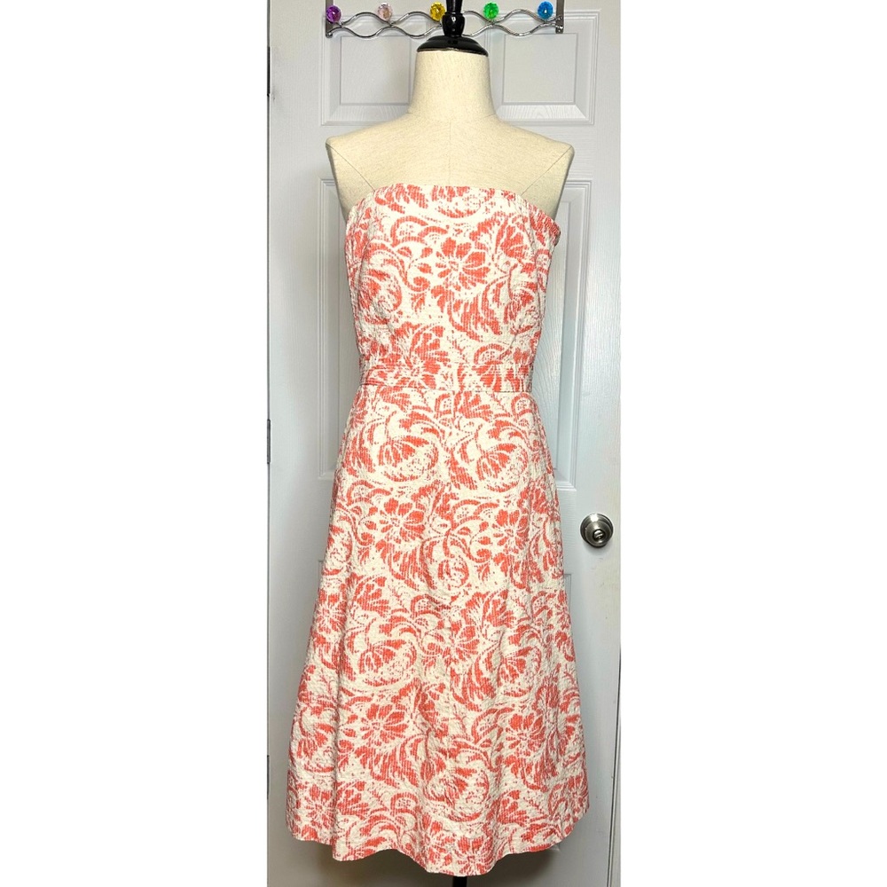 *J.CREW* Coral & Ivory Fit & Flare Floral Print Strapless Dress
